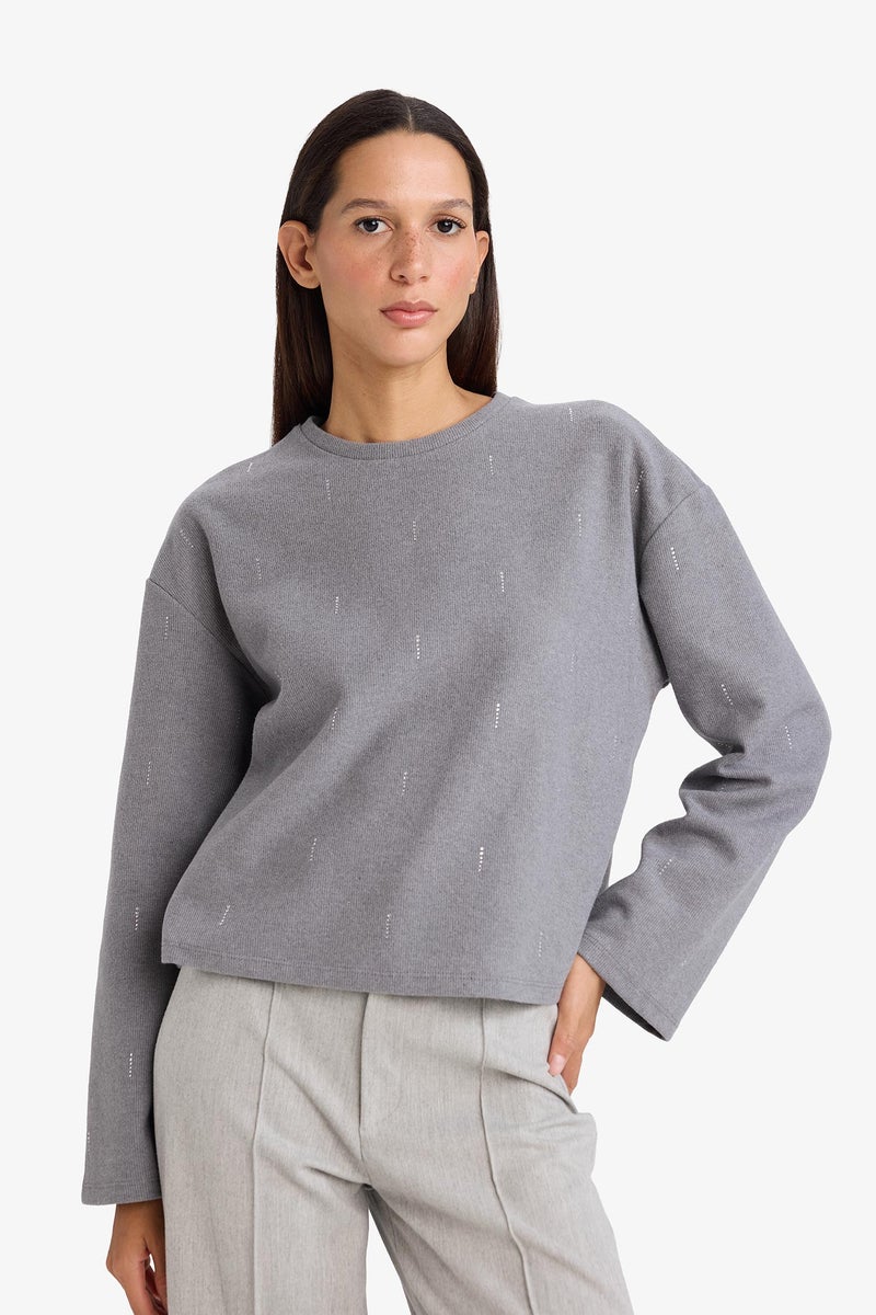 DeFacto Grey Woman Relax Fit Crew Neck Long Sleeve T-Shirt Casual - Image 3
